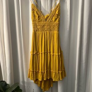 MAHINA mustard dress with crochet and lace detailing